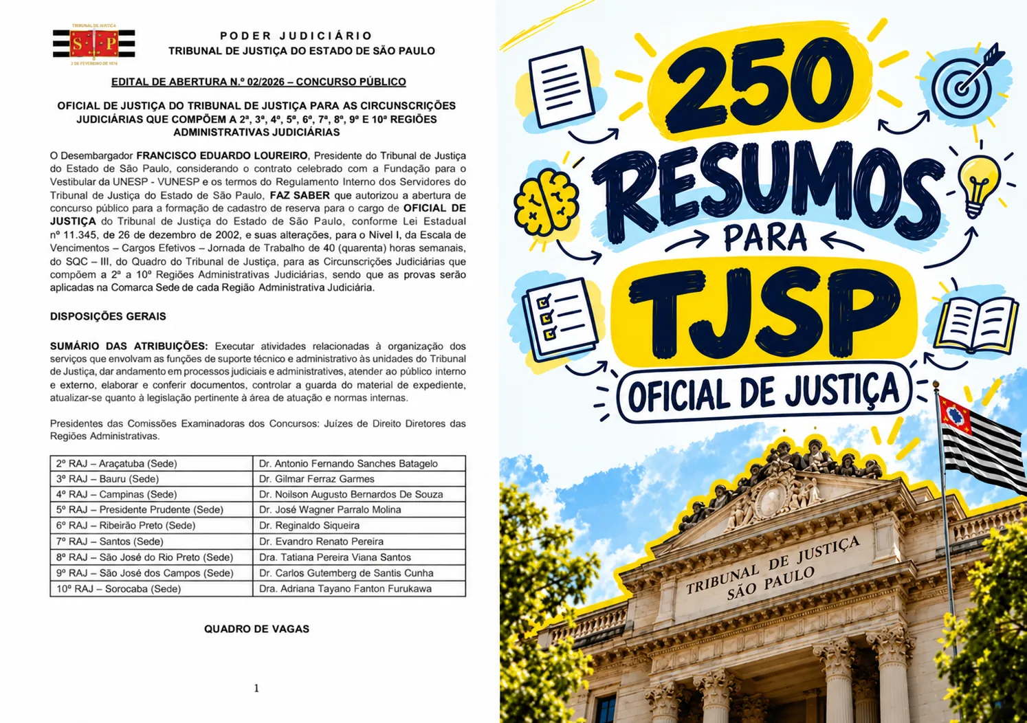 Edital do concurso TJSP — Oficial de Justiça ao lado da capa dos 250 Resumos para TJSP